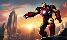 A digital artwork of Iron Man in his distinctive armor battling the Hulk in a cityscape under a sunset sky.