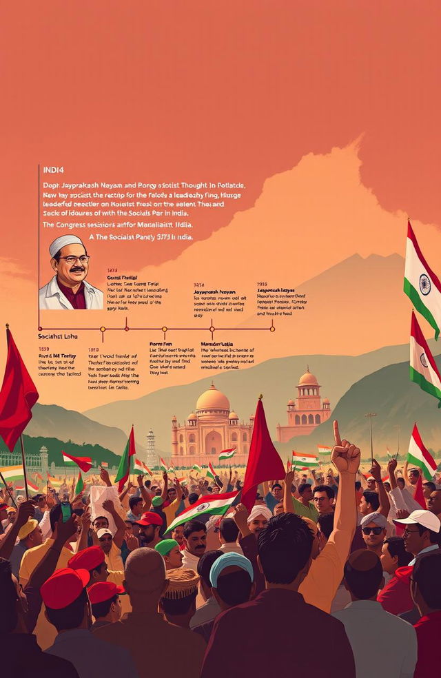 An illustrated timeline depicting the evolution of socialist thought in India, showcasing key figures of socialist leadership and major political movements