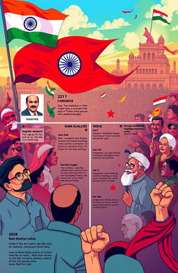 An illustrated timeline depicting the evolution of socialist thought in India, showcasing key figures of socialist leadership and major political movements