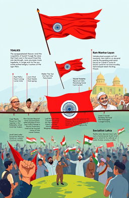 An illustrated timeline depicting the evolution of socialist thought in India, showcasing key figures of socialist leadership and major political movements