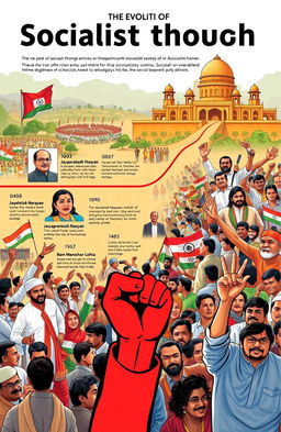 An illustrated timeline depicting the evolution of socialist thought in India, showcasing key figures of socialist leadership and major political movements