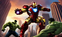 A digital artwork of Iron Man in his distinctive armor battling the Hulk in a cityscape under a sunset sky.