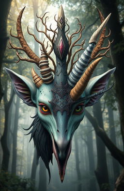 A fantastical creature with a unique head featuring a blend of various distinct head features: the elegance of human and elf ears, the delicate antennae of a moth, antlers resembling those of a deer, intricate wisps of druidic nature, tree bark textures of a treant, the sharp beak of a bird, and the ethereal horn of a unicorn