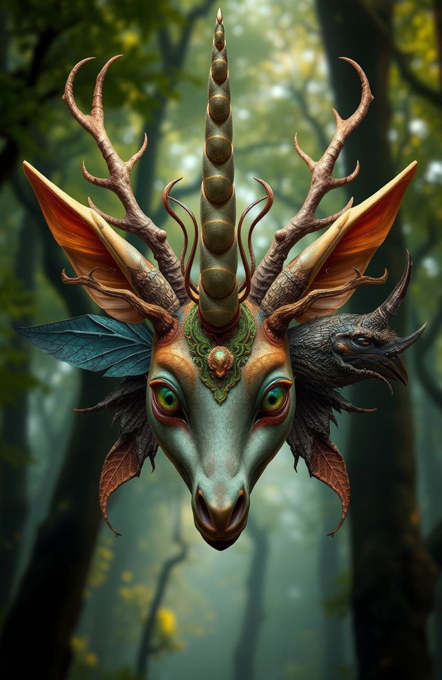 A fantastical creature with a unique head featuring a blend of various distinct head features: the elegance of human and elf ears, the delicate antennae of a moth, antlers resembling those of a deer, intricate wisps of druidic nature, tree bark textures of a treant, the sharp beak of a bird, and the ethereal horn of a unicorn