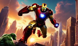 A digital artwork of Iron Man in his distinctive armor battling the Hulk in a cityscape under a sunset sky.