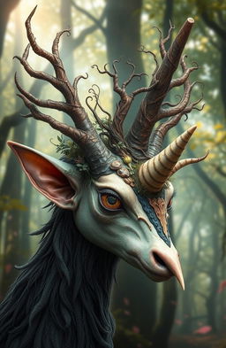 A fantastical creature with a unique head featuring a blend of various distinct head features: the elegance of human and elf ears, the delicate antennae of a moth, antlers resembling those of a deer, intricate wisps of druidic nature, tree bark textures of a treant, the sharp beak of a bird, and the ethereal horn of a unicorn