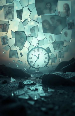 A surreal landscape representing "Shattered Memories", featuring fragmented photographs and reflections of a time gone by, with ethereal light illuminating pieces of broken glass scattered around
