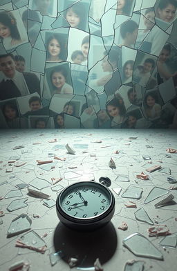 A surreal landscape representing "Shattered Memories", featuring fragmented photographs and reflections of a time gone by, with ethereal light illuminating pieces of broken glass scattered around