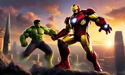 A digital artwork of Iron Man in his distinctive armor battling the Hulk in a cityscape under a sunset sky.