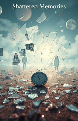A surreal landscape representing "Shattered Memories", featuring fragmented photographs and reflections of a time gone by, with ethereal light illuminating pieces of broken glass scattered around