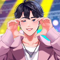 A male K-pop singer with stylish hair and fashionable clothing, holding his hands up to form a heart shape