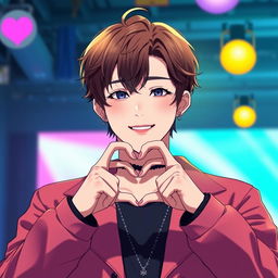 A male K-pop singer with stylish hair and fashionable clothing, holding his hands up to form a heart shape