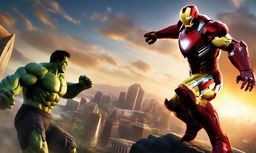 A digital rendering of Iron Man in his signature armor engaged in a fierce battle with the Hulk in a cityscape under a sunset sky