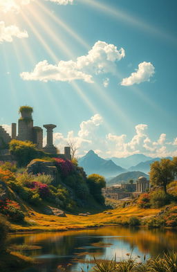 A surreal landscape depicting the passage of time, where remnants of past civilizations blend with lush, vibrant nature