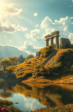 A surreal landscape depicting the passage of time, where remnants of past civilizations blend with lush, vibrant nature