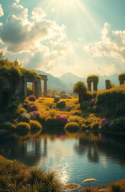 A surreal landscape depicting the passage of time, where remnants of past civilizations blend with lush, vibrant nature