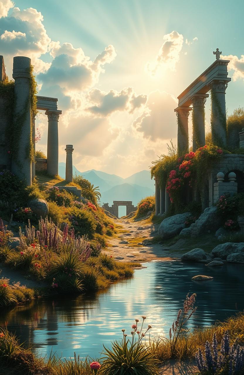 A surreal landscape depicting the passage of time, where remnants of past civilizations blend with lush, vibrant nature