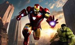 A digital rendering of Iron Man in his signature armor engaged in a fierce battle with the Hulk in a cityscape under a sunset sky