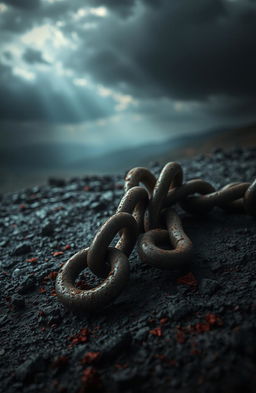 A dramatic and artistic representation of shattered bonds, depicted as broken chains lying on a rugged surface