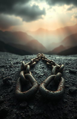 A dramatic and artistic representation of shattered bonds, depicted as broken chains lying on a rugged surface