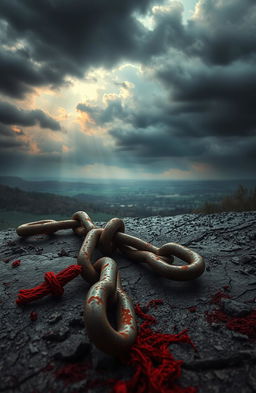 A dramatic and artistic representation of shattered bonds, depicted as broken chains lying on a rugged surface