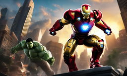 A digital rendering of Iron Man in his signature armor engaged in a fierce battle with the Hulk in a cityscape under a sunset sky