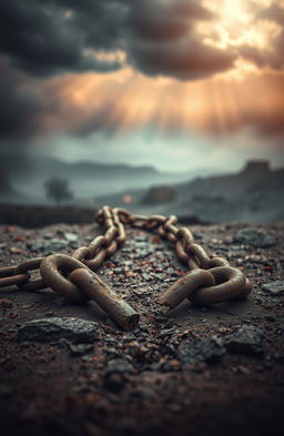 A dramatic and artistic representation of shattered bonds, depicted as broken chains lying on a rugged surface