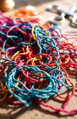 A close-up view of beautifully unraveled threads in a variety of vibrant colors, spread across a rustic wooden table