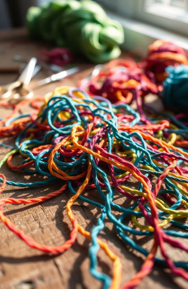 A close-up view of beautifully unraveled threads in a variety of vibrant colors, spread across a rustic wooden table