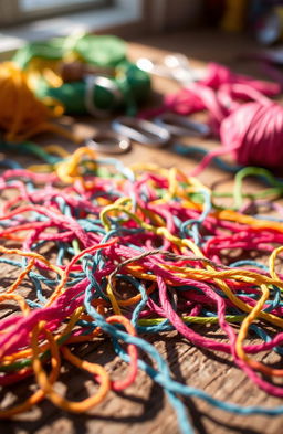 A close-up view of beautifully unraveled threads in a variety of vibrant colors, spread across a rustic wooden table
