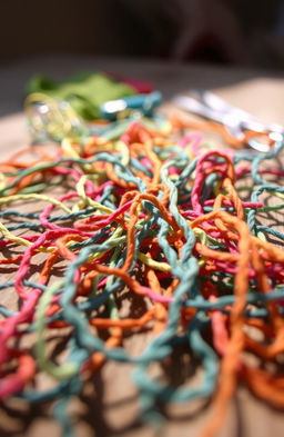 A close-up view of beautifully unraveled threads in a variety of vibrant colors, spread across a rustic wooden table