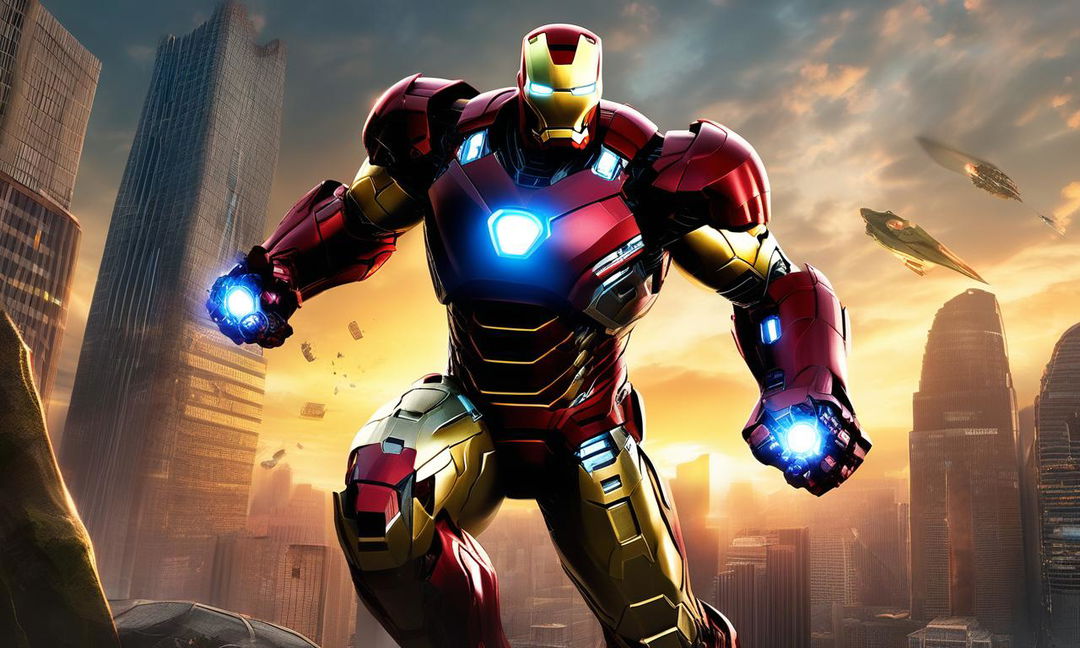 A digital rendering of Iron Man in his signature armor engaged in a fierce battle with the Hulk in a cityscape under a sunset sky