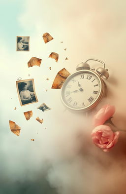 A surreal and dreamlike landscape representing broken memories, featuring fragmented and distorted images of nostalgic objects such as a faded photograph, a broken clock with its hands scattered, and a wilting flower, all blending into a misty, ethereal background