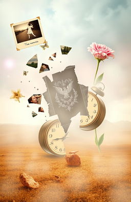 A surreal and dreamlike landscape representing broken memories, featuring fragmented and distorted images of nostalgic objects such as a faded photograph, a broken clock with its hands scattered, and a wilting flower, all blending into a misty, ethereal background