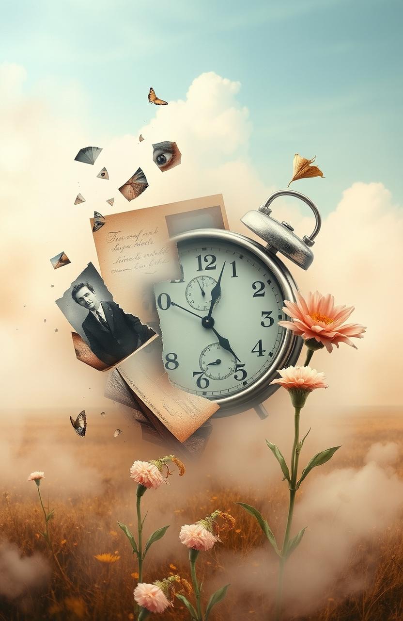 A surreal and dreamlike landscape representing broken memories, featuring fragmented and distorted images of nostalgic objects such as a faded photograph, a broken clock with its hands scattered, and a wilting flower, all blending into a misty, ethereal background