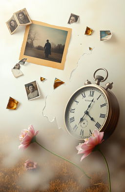 A surreal and dreamlike landscape representing broken memories, featuring fragmented and distorted images of nostalgic objects such as a faded photograph, a broken clock with its hands scattered, and a wilting flower, all blending into a misty, ethereal background