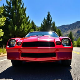 A striking and powerful 1981 Dodge Camaro in a vibrant red finish, showcasing its classic muscle car design with sharp lines and an aggressive stance
