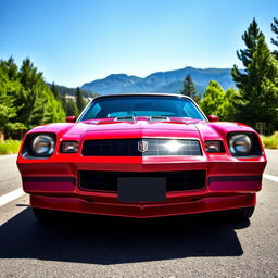 A striking and powerful 1981 Dodge Camaro in a vibrant red finish, showcasing its classic muscle car design with sharp lines and an aggressive stance