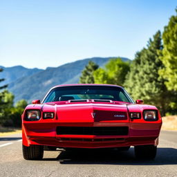 A striking and powerful 1981 Dodge Camaro in a vibrant red finish, showcasing its classic muscle car design with sharp lines and an aggressive stance
