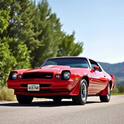 A striking and powerful 1981 Dodge Camaro in a vibrant red finish, showcasing its classic muscle car design with sharp lines and an aggressive stance