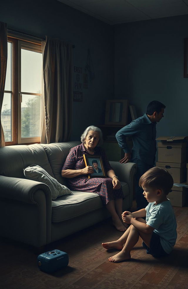 A poignant portrayal of a broken family, depicting emotional distance and longing, set in a dimly lit living room