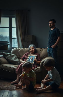 A poignant portrayal of a broken family, depicting emotional distance and longing, set in a dimly lit living room