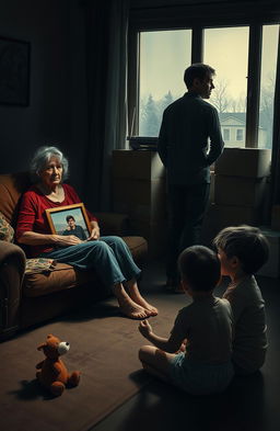 A poignant portrayal of a broken family, depicting emotional distance and longing, set in a dimly lit living room