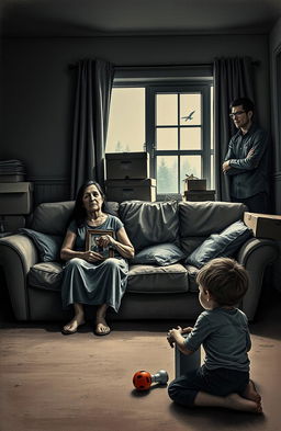 A poignant portrayal of a broken family, depicting emotional distance and longing, set in a dimly lit living room