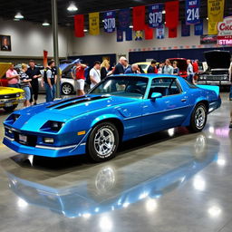 An impressive 1981 Dodge Camaro, beautifully restored and displayed in a classic car show setting