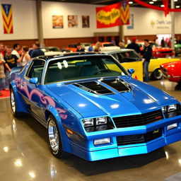 An impressive 1981 Dodge Camaro, beautifully restored and displayed in a classic car show setting