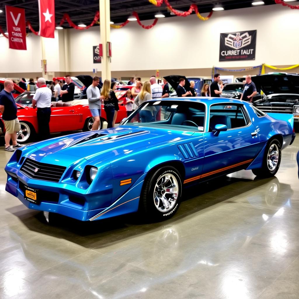 An impressive 1981 Dodge Camaro, beautifully restored and displayed in a classic car show setting