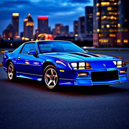 A sleek and sporty 1990 Dodge Camaro, displayed in a vibrant electric blue color that perfectly captures the modern design of the era