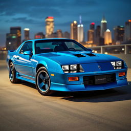 A sleek and sporty 1990 Dodge Camaro, displayed in a vibrant electric blue color that perfectly captures the modern design of the era