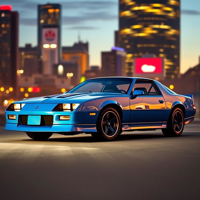 A sleek and sporty 1990 Dodge Camaro, displayed in a vibrant electric blue color that perfectly captures the modern design of the era